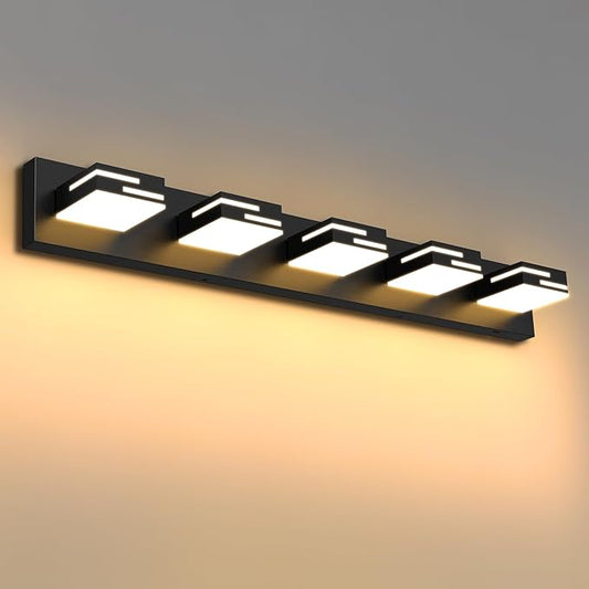 LED Modern Bathroom Vanity Light Fixtures 5-Light 34-inch 5CCT Dimmable Matte Black Vanity Lights for Bathroom Lighting Fixtures Over Mirror, with 360° Rotatable Acrylic Heads