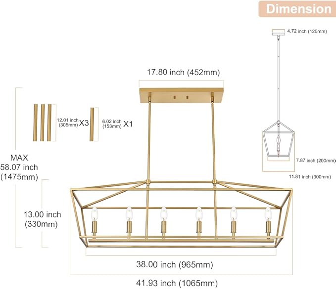 6-Light Kitchen Island Lighting, Gold Linear Chandelier Dining Room Over Table, Rectangle Pendant Light Fixtures Golden Finish for Living Room