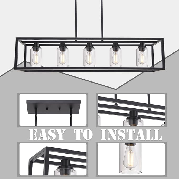 MELUCEE 36.2 Inches Length Industrial Chandelier for Kitchen Island, 5-Light Rectangle Dining Room Lighting Fixtures Hanging Black Finish, Farmhouse Pendant Light Open Metal Frame with Clear Glass