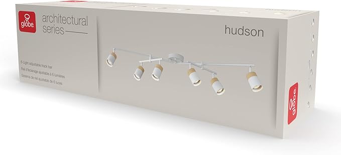 Globe Electric 64000055 42" 6-Light Track Lighting, Double Center Swivel Bar, Matte White, Wood Toned Accents, Ceiling Light, Pivot Shades, 6 Bulb, Kitchen Lights, GU10 Sockets