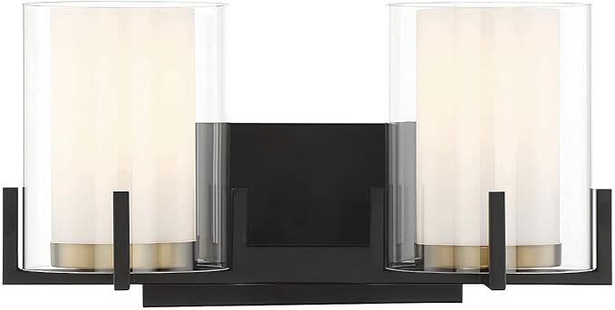 Savoy House 8-1977-2-143 Eaton Traditional Clear/White Opal Chimney Glass Bathroom Vanity, 2-Light 120 Total Watts, 8" H x 15" W, Matte Black & Warm Brass Accents