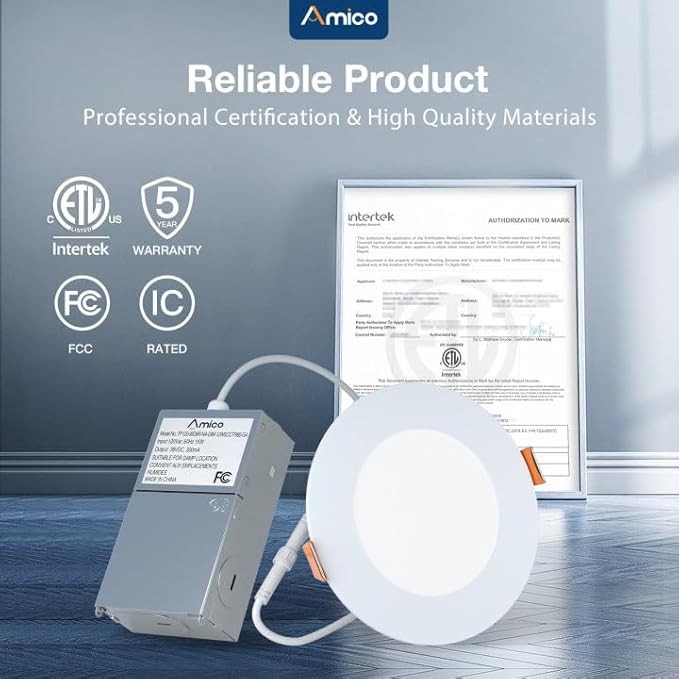 Amico 6 Pack 4 Inch 5CCT Ultra-Thin LED Recessed Dimmable Ceiling Light with Junction Box, 2700K/3000K/3500K/4000K/5000K Selectable, 10W Eqv 60W, 800 Lumens, High Brightness Downlight - ETL&FCC