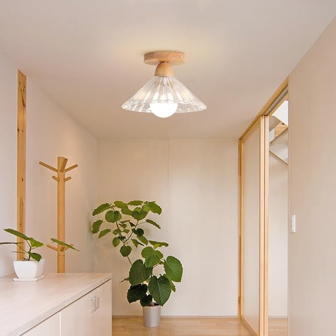 Schoolhouse Light Fixture Wood Ceiling Lamp, Semi Flush Mount Ceiling Light, 12'' Base, Balcony Solid Wood Hanging Light Farmhouse Bedroom Kitchen Hallway Glass Close to Ceiling Lights (C)