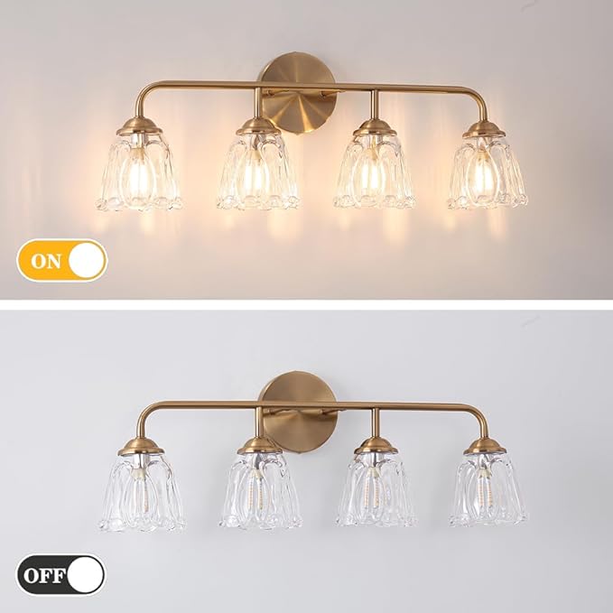 Daunton Vintage Bathroom Vanity Light, Brown Bronze Vanity Lighting, 4-Light Bathroom Lighting Fixtures Over Mirror, Elegant Flower Glass Light with Clear Shade, Gold Wall Sconce Lighting for Bedroom