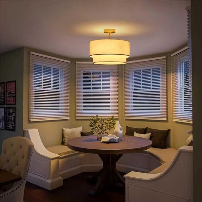 16" Drum Light, 3-Light Flush Mount Ceiling Light with 2-Tier Linen Fabric Shade, Gold Drum Light Fixture for Dining Room, Entryway, Bedroom, Kitchen, Hallway
