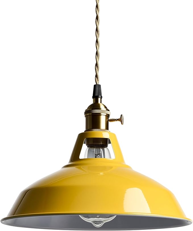 CLAXY Modern Pendant Lights Yellow Metal Barn Pendant Light Fixture Over Kitchen Island with Switch Adjustable Hanging Height Loft Light E26 Pendant for Dining Table Bedroom Cafe