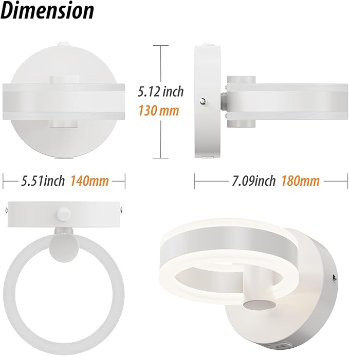 LED Wall Sconces Set of Two with ON/Off Switch, White Rotatable Hardwired Wall Light Fixtures, Built in USB Charging Port, Modern Wall Decor for Bed Lighting.