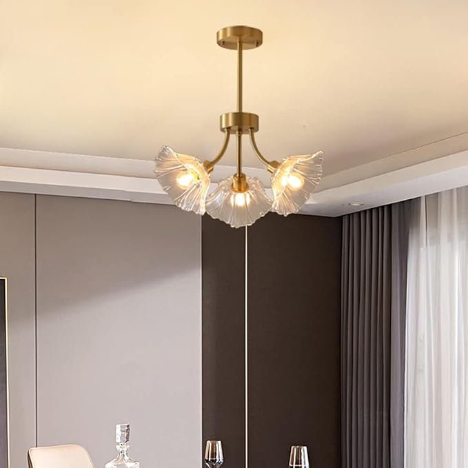 Semi Flush Mount Ceiling Lights Mid Century Modern Ceiling Light Fixture 3-Light Gold Brass Chandelier Lighting with Clear Glass Flower Shape for Bedroom Living Dining Room Hallway