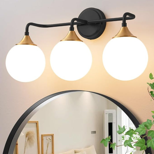 Bathroom Light Fixtures, Black Gold Bathroom Vanity Lights Over Mirror, Modern Farmhouse Wall Sconce Lighting 3-Light with Milk White Glass Ball Shades