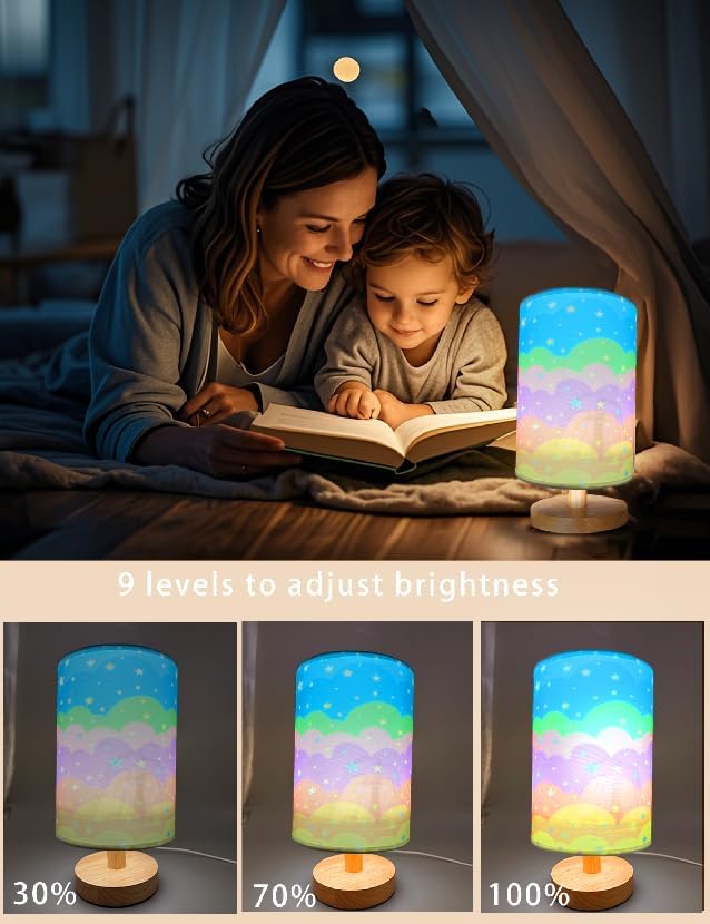 Kids Table Lamp for Bedroom, Rainbow Lamp, 3 Level Dimmable Wood Nightstand Desk Base Flaxen Fabric Shade for Bedroom Living Room,Rainbow Lamp Gifts for Girls (Colorful)