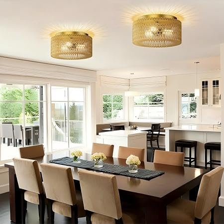 ROOMTEC 12.4" Rattan Flush Mount Ceiling Light, 3-Light Ceiling Fixture with Bulbs Included, Boho Woven Natural Fiber Dining Room Light for Bedroom Living Room Kitchen