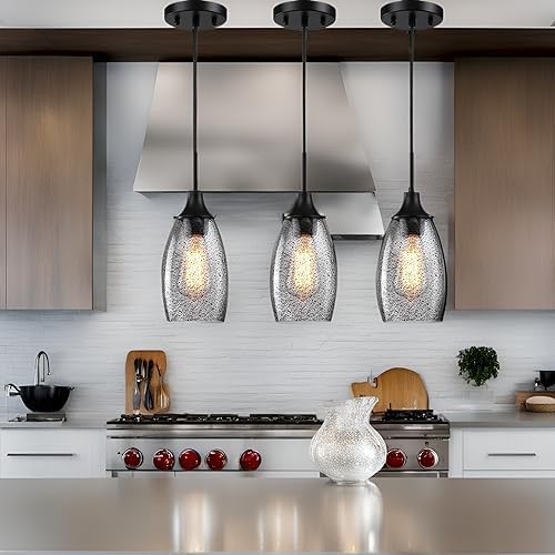 Viinew Mini Glass Pendant Light,4.72" Black Glass Hanging Light 3-Pack Handblown Clear Black Seeded Shade Adjustable Cord Ceiling Light Fixture for Kitchen Island Sink
