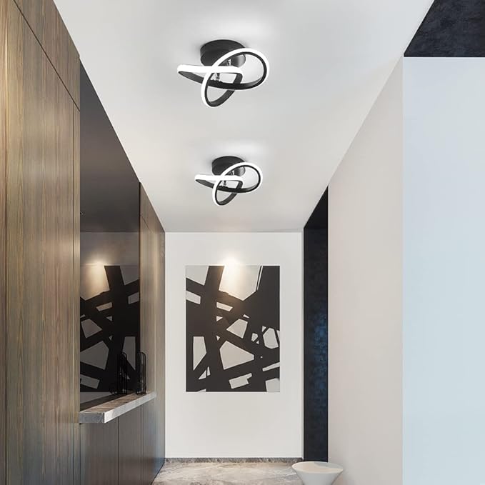 Modern LED Ceiling Light, 22W Spiral Design Hallway Light Fixtures 6500K Cool White Light Lamps for Corridor Aisle Balcony Bedroom Kitchen Office (Black)