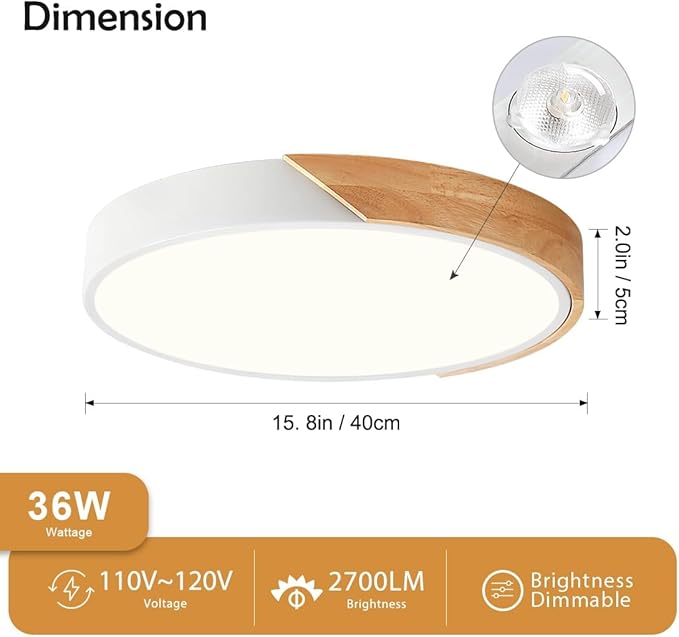 Vikaey Modern Dimmable Wood Ceiling Light, Minimalist LED 5CCT 2700K-6000K Flush Mount Ceiling Light Fixture, Round Lighting Lamp for Bedroom Living Room Dining Room Laundry, White, 15.8"