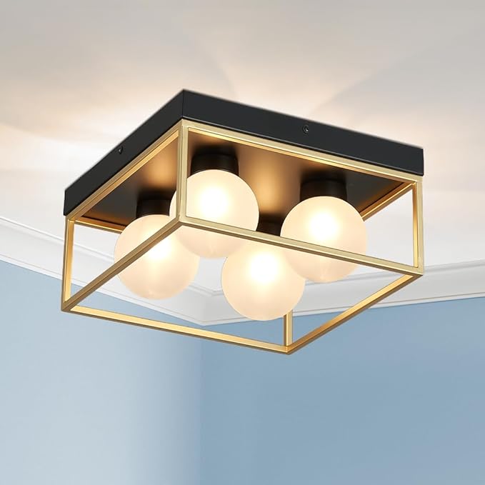 AGV LIGHTING Modern Flush Mount Ceiling Light, Black and Gold Ceiling Light Fixture with 4 Frosted Glass Globes, Semi Flush Mount Ceiling Lamp for Bedroom Kitchen Hallway Entryway