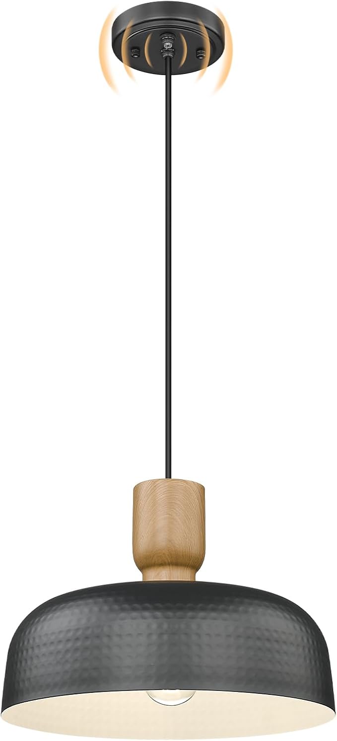 Darkaway Dusk to Dawn Industrial Pendant Light Fixtures Ceiling Hanging with Hammered Metal Shade, Black Pendant Light for Outdoor Porch Lighting Hanging Lamp Adjustable Height