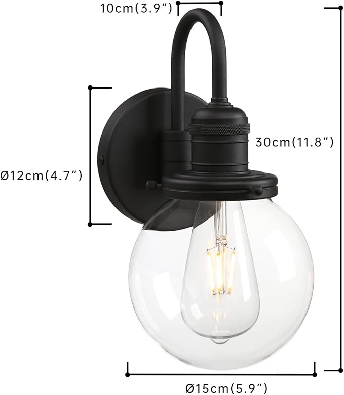 Industrial Vintage U-Shaped Wall Sconce 1-Light with 5.9” Round Clear Glass Globe Shade Indoor Wall Mounted Lamp Fixture
