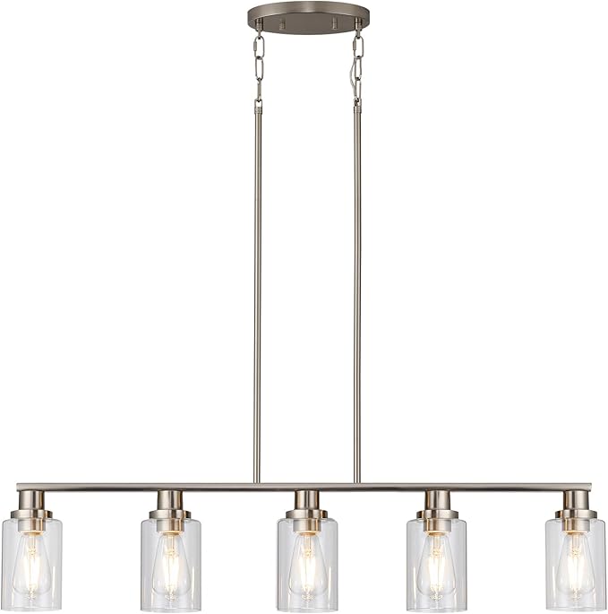 Kitchen Island Pendant Lighting, 5-Light Farmhouse Dining Room Light Fixture Over Table, Brushed Nickel Finish with Clear Glass Shade, Rustic Industrial Linear Chandelier for Kitchen Island