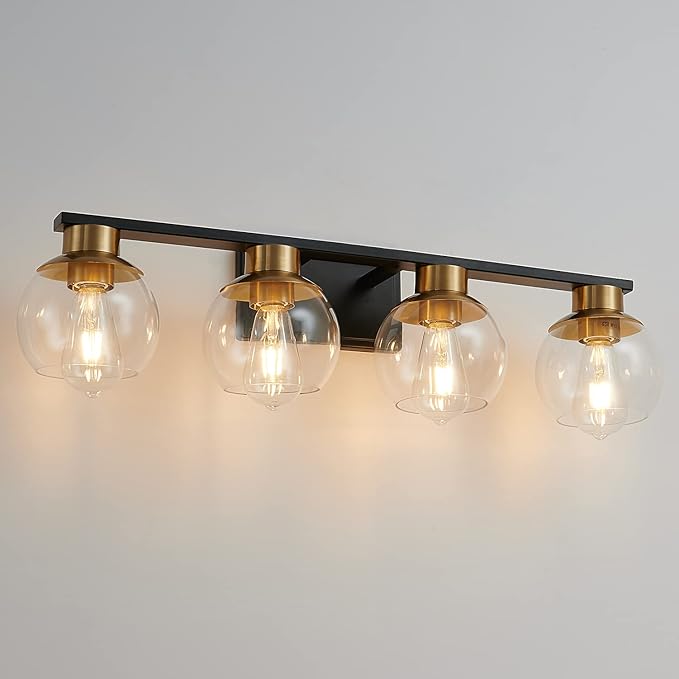 PAZALA Black Gold Bathroom Light Fixtures Over Mirror 4-Lights Vanity Light Wall Sconce with Globe Glass Shade, E26 Base, Perfect for Hallway Picture Wall Lighting Bathroom Bedroom Mirror Living Room