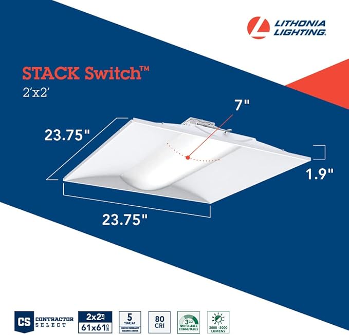 Lithonia Lighting 2x2 LED Troffer Light, Stack Switch LED Drop In Ceiling Light for Dropped Ceiling, 3000/4000/5000 Adjustable Lumens, 3500K/4000K/5000K Switchable Color Temperature, White