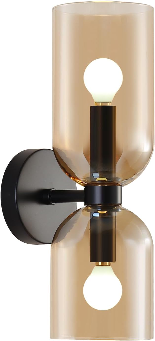 Modern Glass Wall Sconces- Double Head Wall Lighting with Long Short Glass Shades- Bathroom Vanity Light Mid-Century Up Down Hardwired Wall Lamp Indoor for Bedroom Hallway Living (Black-Amber)