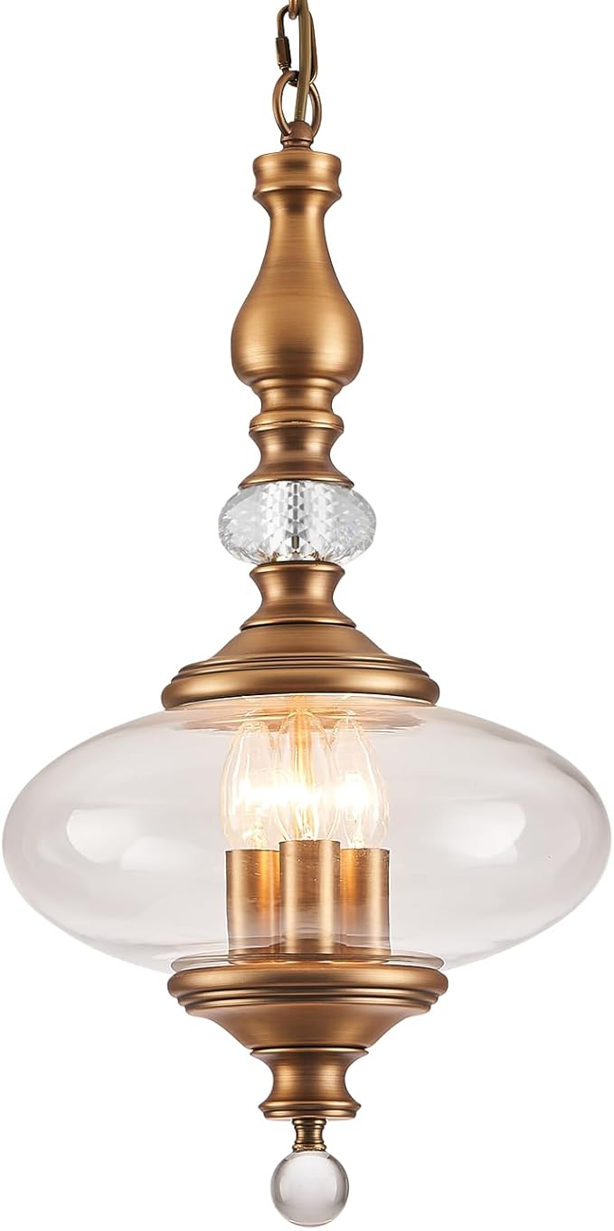 Vintage Kitchen Island Pendant Light Antique Brushed Brass Glass Pendant Light W 11.8 in. H 23.6 in. Chandelier for Living Room Dining Room Bedroom