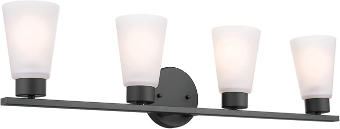 Kichler Stamos 4-Light Bathroom Vanity Light Fixture with Satin Etched Glass Shades, 26 in Modern Wall Light in Black for over Mirror (26 in x 8 in x 5 in), 52608BK