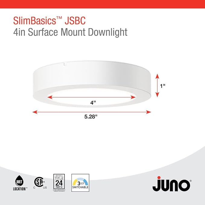 Juno Slim Basics 4 Inch LED Ceiling Light, Low Profile Surface Mount Downlight for Shower or Closet Lighting, 3000K/4000K/5000K Selectable White Light, Edged Trim, Wet Rated, Matte White, 6 Pack