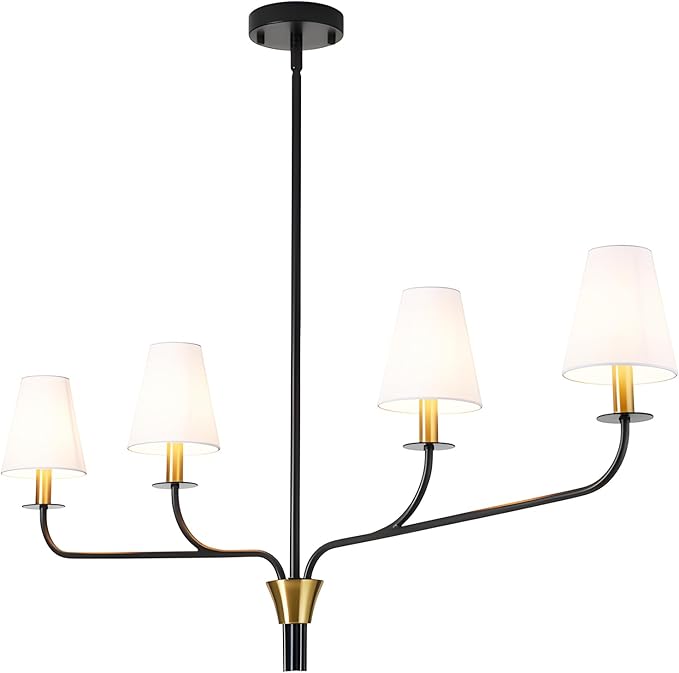 Modern 42" Linear Chandelier for Kitchen Island & Dining Room - 4-Light Black and Gold Finish with White Fabric Shades, Adjustable Hanging Pendant Light Fixture, E12
