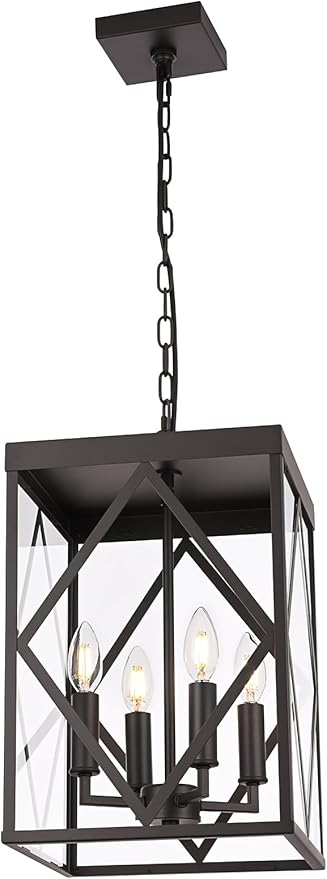 15.7'' Outdoor Pendant Lighting Fixtures 4-Light Outdoor Chandelier Oil Rubbed Bronze Exterior Hanging Porch Light Fixtures w/Glass Shade Outside Pendant Lantern for Front Porch Balcony Foyer