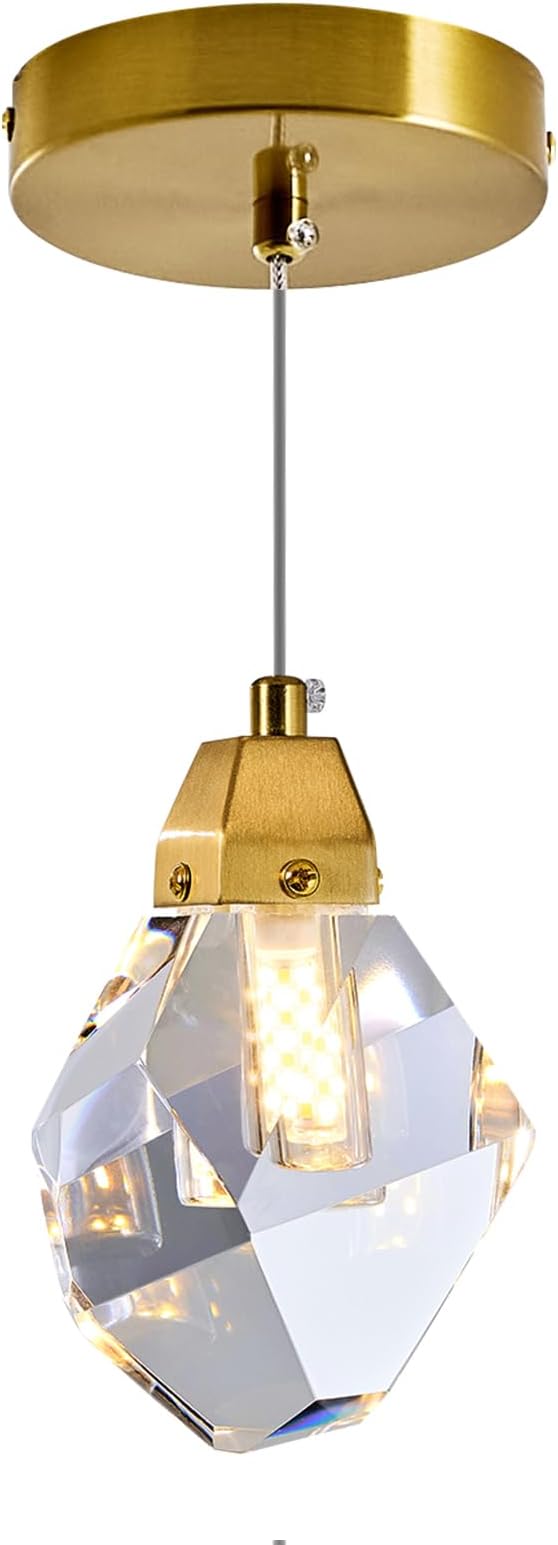 Diamond Crystal Pendant Light 3 Pack, Mini 5.5" 1-Light Hanging Ceiling Light in Gold Brushed Brass Finish with Prism Crystals and Color Changing LED for Kitchen Island, Dining Room, Bedroom, Hallway