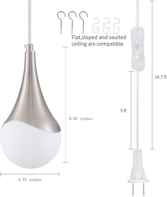 MWZ Brushed Nickel Plug in Pendant Light,Hanging Lights with On/Off Switch Cord,Mini Silver Pendant Lights for Kitchen Island,1-Light Modern Raindrop Chandelier Lamps with White Globe Glass Shade