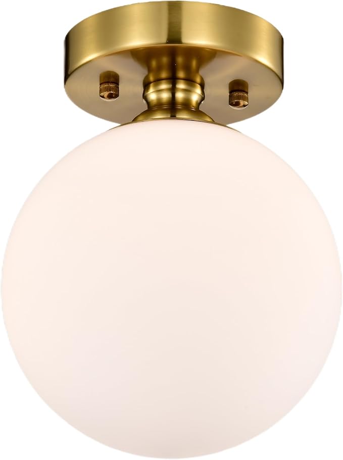 Alighting Gold Semi Flush Mount Ceiling Light – 7" Opal Glass Globe, Mid-Century Modern Ceiling Light Fixture for Bedroom, Bathroom, Closet, Hallway, Entryway – Easy to Install