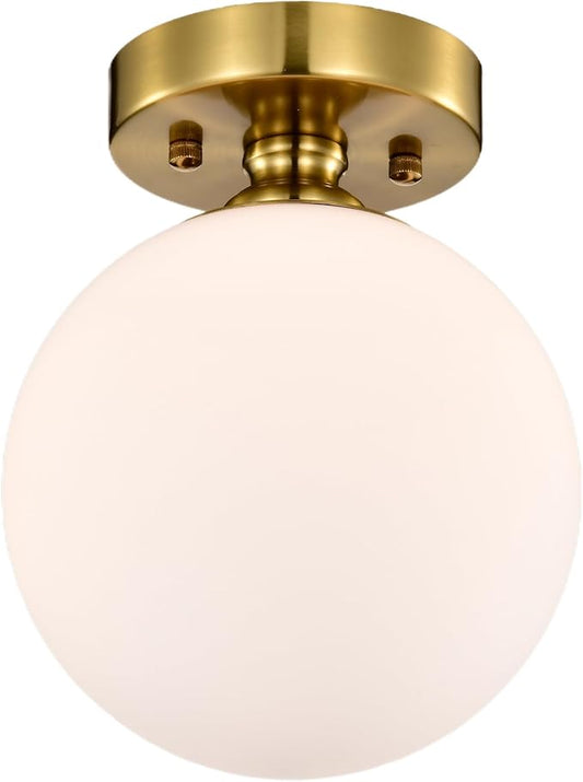 Alighting Gold Semi Flush Mount Ceiling Light – 7" Opal Glass Globe, Mid-Century Modern Ceiling Light Fixture for Bedroom, Bathroom, Closet, Hallway, Entryway – Easy to Install