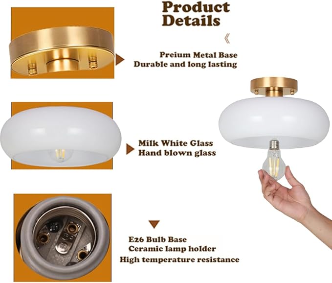 Gold Semi Flush Mount Ceiling Light,11inch Mid Century Modern Light Fixture,Hallway Lighting Fixture with Milk White Glass Shade,Vintage Ceiling Lamp for Kitchen,Porch,Entryway,Closet,Bedroom