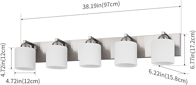 mirrea 38-Inch 5-Light Brushed Nickel Vanity Lights for Bathroom, Vanity Lighting Fixtures with Etched White Glass Shades