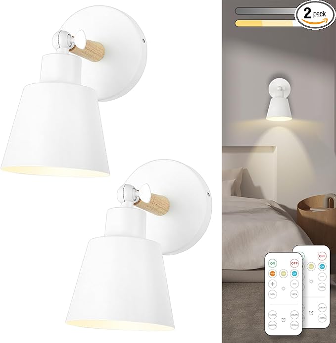 White Battery Operated Wall Sconce Set of Two, Easy to Install Wireless Lights for Wall, Remote Control Dimmable LED Lights, Auto Timer Wall Lamp Fixtures for Bedroom, Gallery, Living Room, RV…