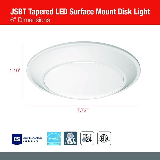 Juno SlimBasics 6 Inch LED Ceiling Light, LED Surface Mount Downlight for Shower Light or Closet Lighting, 3000K Neutral White, Tapered Trim, Wet Rated, Matte White (JSBT 6IN 30K 90CRI MW WL M6)