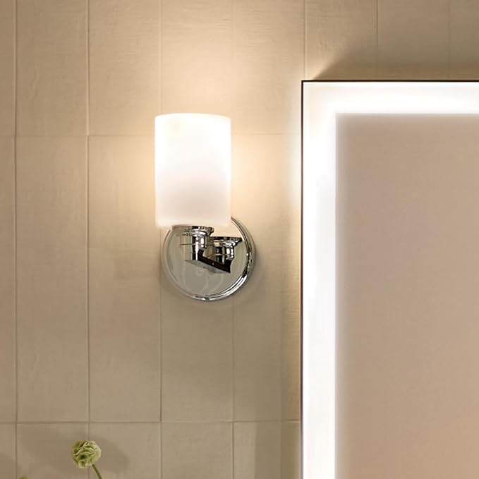 Kichler Gioe 1-Light Wall Sconce Bathroom Vanity Light Fixture with Opal Glass in Chrome, Damp Rated for Powder Room, Kitchen, Hallway, Bedroom (5" W x 9.5" H), 55224CH