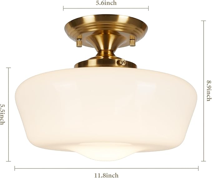 Schoolhouse Style Semi Flush Mount Ceiling Light Fixture, 12" Modern Gold Hallway Ceiling Lamp with Opal Milk Glass Shade Brass, Farmhouse Globe Light for Bedroom Kitchen Hallway Entryway Laundry