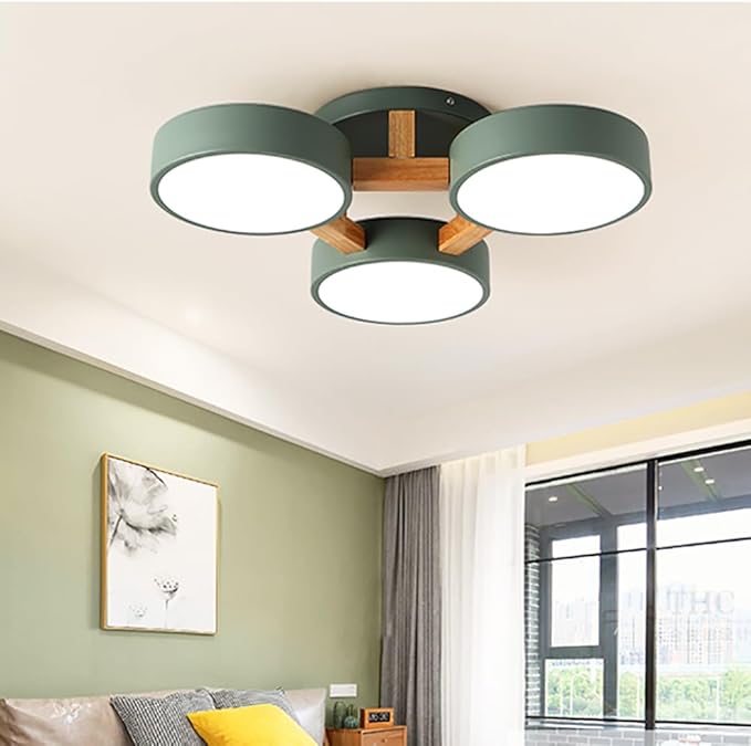LED Ceiling Light Fixture,21 Inch 3-Lights Modern Ceiling Lights Flush Mount Wooden 33W Chandelier for Living Room Bedroom Kitchen,Dimmable 3000K/4000K/6000K Temperatures Selectable, Green