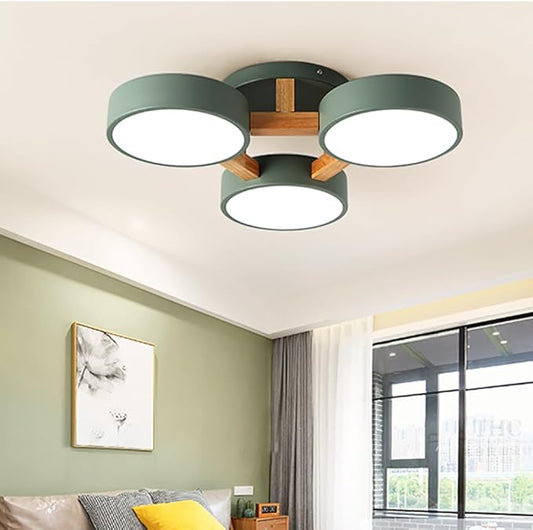 LED Ceiling Light Fixture,21 Inch 3-Lights Modern Ceiling Lights Flush Mount Wooden 33W Chandelier for Living Room Bedroom Kitchen,Dimmable 3000K/4000K/6000K Temperatures Selectable, Green