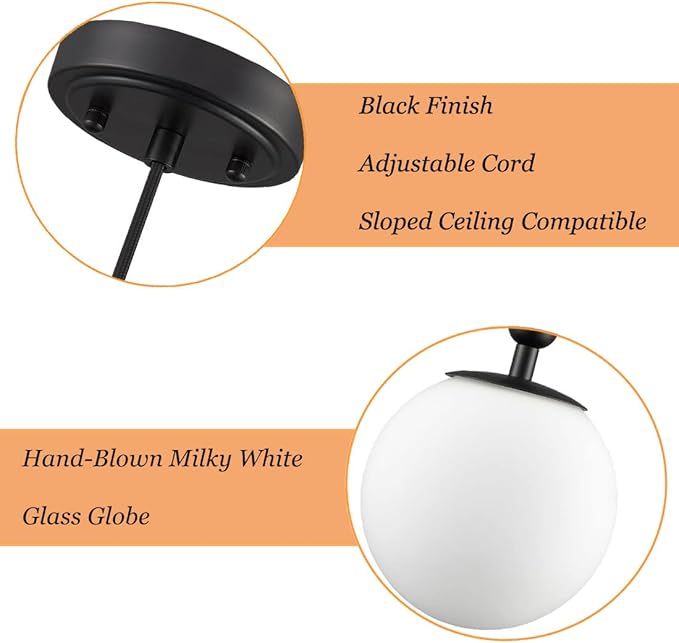 DIRYZON Mid Century Glass Globe Pendant Light Black Pendant Lighting for Kitchen Island Adjustable Hanging Ceiling Lihgt for Bedroom Bathroom Living Room