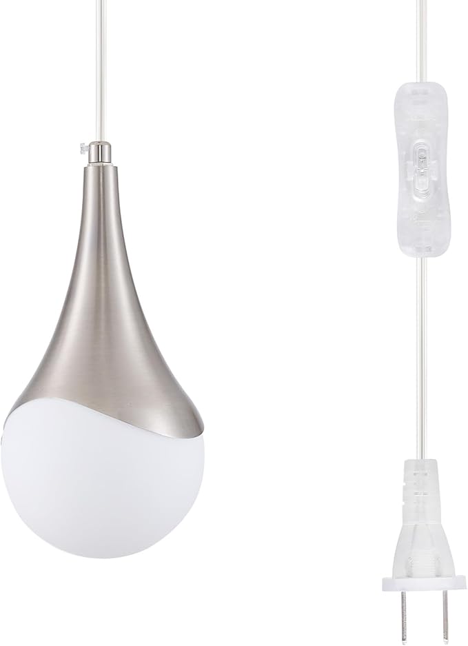 MWZ Brushed Nickel Plug in Pendant Light,Hanging Lights with On/Off Switch Cord,Mini Silver Pendant Lights for Kitchen Island,1-Light Modern Raindrop Chandelier Lamps with White Globe Glass Shade