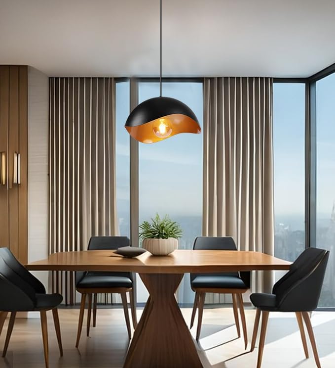 Modern Wave Pendant Light, 11" Black and Gold Dome Shade, LED Ceiling Light Fixture with Globe Bulb, Contemporary Hanging Light for Kitchen, Dining Room, Bedroom