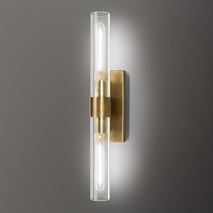 Brass and Glass Wall Sconces, 22.8" Vanity Lights for Bathroom 2 Lights, Horizontal or Vertical Linear Gold Wall Lamp, Indoor Sconces Wall Lighting, Tube Sconce for Living Room, Hallway