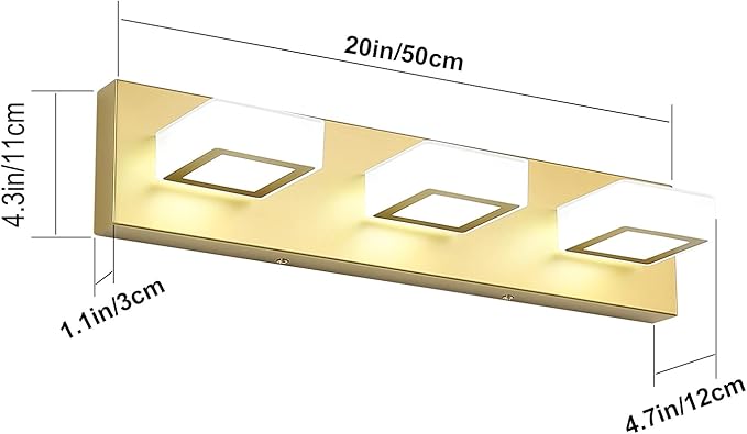 Ralbay Gold Bathroom Vanity Lights 3 Lights LED Modern Gold Vanity Lights Over Mirror Fixture Acrylic Gold Vanity Wall Light (White Light 6000K)