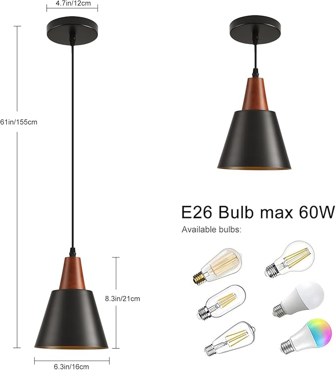 2 Pack Pendant Lights, Black Pendant Lights Kitchen Island,Wood Dome Minimalist Industrial Ceiling Hanging Lights for Kitchen Island, Barn, Dining Room, Living Roo m, Bedroom