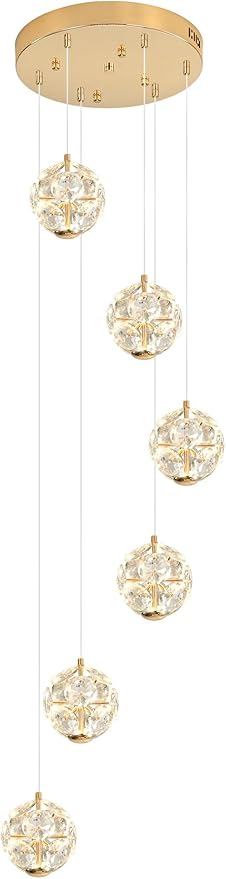 ykolupty LED Staircase Chandelier Modern Crystal Globe Pendant Light Crystal Chandeliers for High Ceilings,Gold Hanging Lighting Fixture for Villas Foyer Hallway Entryway (6-Lights)