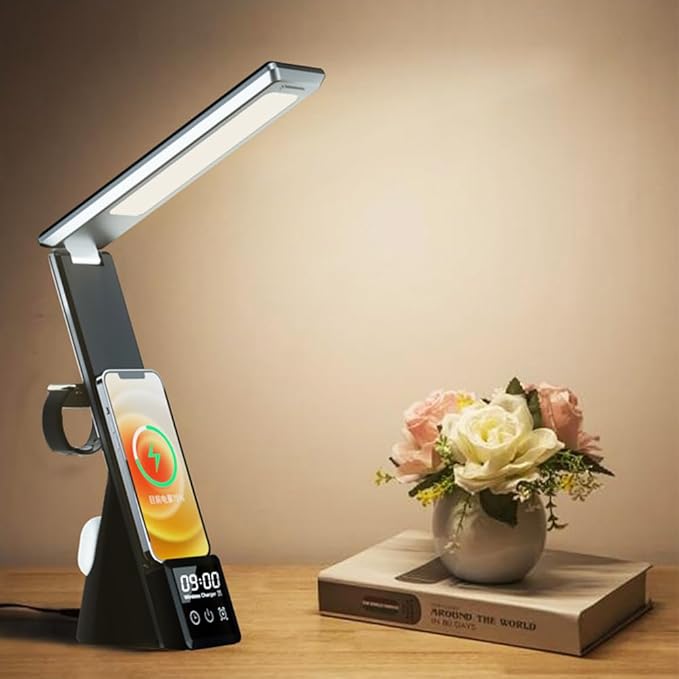 IHAO 6in1 Multifunctional Foldable LED Table Lamp with Wireless Charger Digital Alarm Clock Eye-Care Lighting 3 Color Modes 15W Qi Charger for Phone/Headphones, iWatch Charger Compatible-N61Black